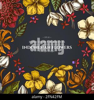 Floral design on dark background with plumeria, allamanda, clerodendrum, champak, etlingera, ixora Stock Vector