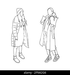 Two girls in autumn clothes. Linear style. Vector illustration. Stock Vector