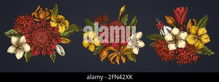 Flower bouquet of colored plumeria, allamanda, clerodendrum, champak, etlingera, ixora Stock Vector