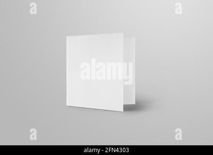 Mockup of a white blank trifold, front view, standard standing roll fold brochure, isolated on background. Square business booklet template with reali Stock Photo
