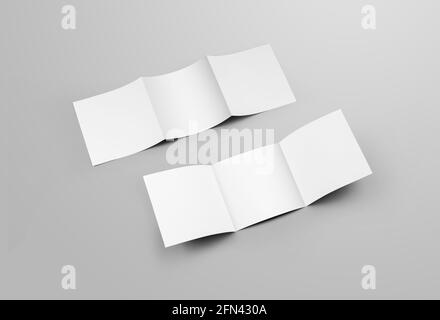 Set of empty business trifolds, front and back views, open corporate brochures, isolated on background. Mockup of white booklets with realistic shadow Stock Photo
