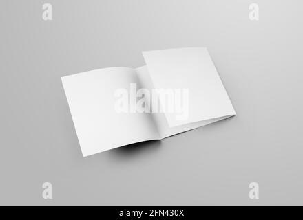 Mockup of half-open empty square trifold, business booklet, front view, isolated on background. Standard roll fold brochure template with realistic sh Stock Photo