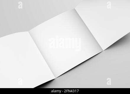 Trifold square page template, standard size open business brochure, for design presentation. Mockup of a white blank booklet, with realistic shadows. Stock Photo