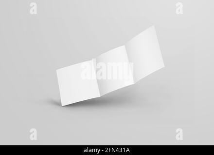 Mockup of a white blank open trifold, square standard booklet, with realistic shadows, isolated on background. Business roll fold brochure template fo Stock Photo