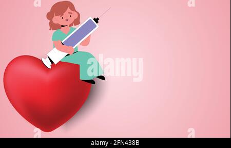 a girl carrying medicine on a red heart on abstract background Stock Vector