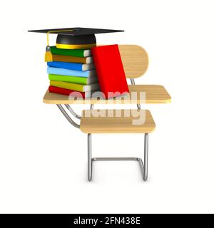 School desk, chair and pile books on white background. Isolated 3D illustration Stock Photo