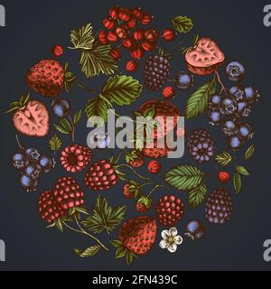 Round floral design on dark background with strawberry, blueberry, red currant, raspberry, blackberry Stock Vector
