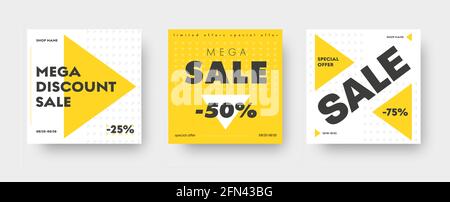Square white and yellow web banner templates for big sale with triangles and discounts. Standard size design. Set. Vector illustration