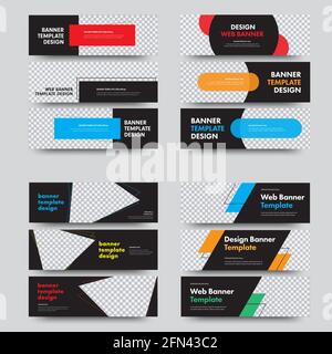 Set of horizontal vector web banners with place for photo and different geometrical shapes and design elements. Standard size templates. Stock Vector
