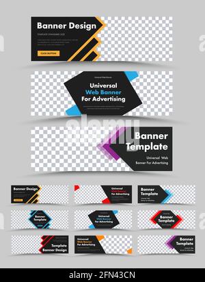 Set of horizontal black vector web banners with colored arrows, lines and rhombuses. Templates with place for photo. Stock Vector