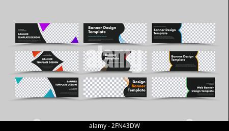 Design of horizontal black vector web banners with colored triangles and lines and place for photo. Set of templates for our advertising business. Stock Vector