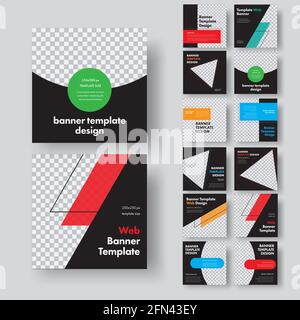 Design of square black web banners with place for photo and different geometric color elements. Standard size template for business and advertising. V Stock Vector