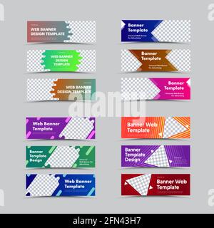 Set of vector horizontal web banners with place for image and different geometric shapes. Templates with color gradients on a background for text. Stock Vector