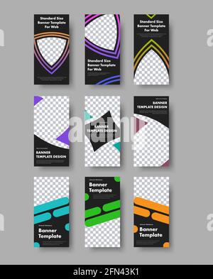 Design of vector vertical web banners with black background and different geometric color shapes. Templates with place for photo and text. Set Stock Vector