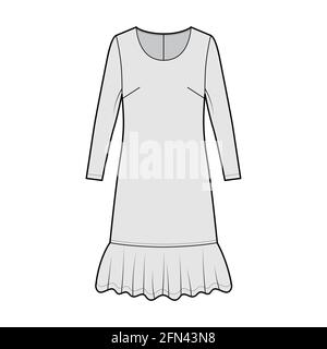 Dress dropped waist technical fashion illustration with long sleeves, oversized body, knee length skirt, round neck. Flat apparel front, grey color style. Women, men unisex CAD mockup Stock Vector