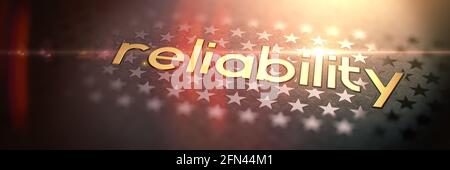 RELIABILITY - Luxury Gold Word on Blurred Dark Background with Stars. Shiny Golden Text in Rays and Sun Glare. 3D Render. Service Concept. Stock Photo