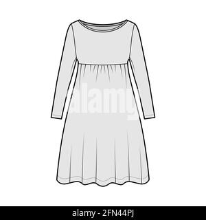 Dress babydoll technical fashion illustration with long sleeves, oversized body, knee length A-line skirt, boat neck. Flat apparel front, grey color style. Women, men unisex CAD mockup Stock Vector