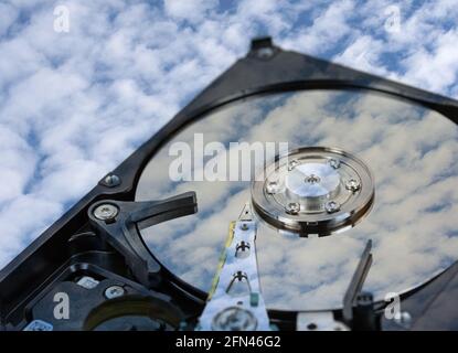Computer hard drive and clouds in a collage Stock Photo