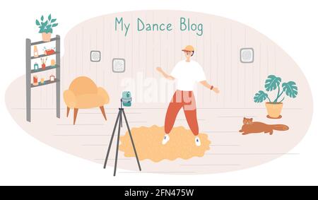 Young blogger. Dancer is dancing in front of camera. Guy shoots funny video for social networks. Vector hand drawn illustration in cartoon style Stock Vector