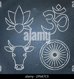 India chalkboard icons set in line style. Traditional symbols including Ashoka Chakra wheel, lotus flower, om symbol and cow head. Vector illustration Stock Vector