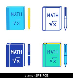 Math book icon set in flat and line style. Mathematics learning symbol. Vector illustration. Stock Vector