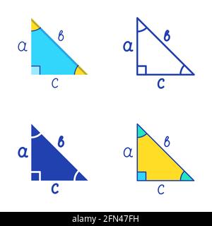 Right triangle with marked angles icon set in flat and line style. Math trigonometry symbol. Vector illustration. Stock Vector