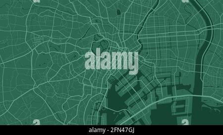 Dark green Tokyo city area vector background map, streets and water cartography illustration. Widescreen proportion, digital flat design streetmap. Stock Vector