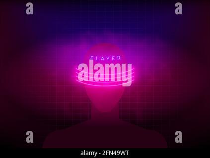 Virtual reality gaming. Abstract human face surrounded by neon glowing pink lines with haze and title PLAYER on laser grid background. Cybersport Stock Vector