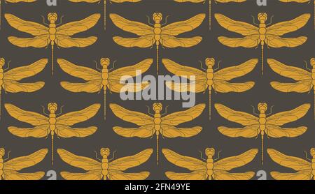 Dragonfly seamless pattern. Hand drawn vector illustration. Vintage retro illustration. EPS 10. Stock Vector
