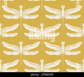 Dragonfly seamless pattern. Vintage retro illustration. EPS 10. Hand drawn vector illustration. Yellow pattern in pastel tones. Stock Vector