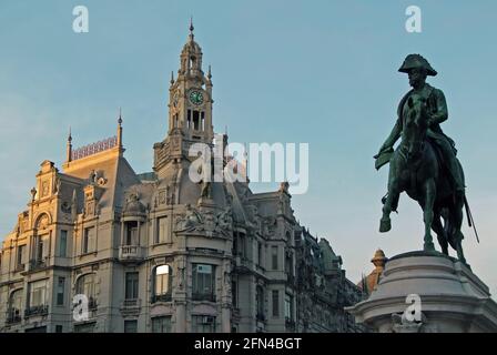 Monument to Pedro IV in the Liberdade Square. The famous statue in front of the town hall of the city of Porto. Stock Photo