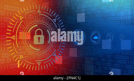 Abstract circle sci fi futuristic protection technology concept - closed padlock centered in hud - binary code fingerprint cloud mail Stock Photo