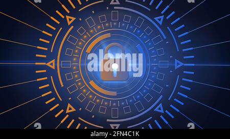 Abstract circle sci fi futuristic protection technology concept - closed padlock centered in hud - graphic elements on background in red blue gradient Stock Photo