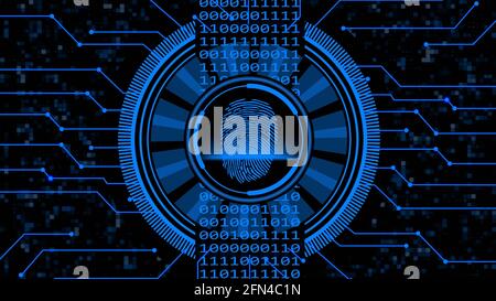 Secure technology concept - fingerprint binary code hud connecting lines - graphic elements in blue on dark dotted background - 3D Illustration Stock Photo