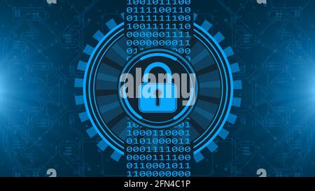 Secure technology concept - padlock binary code hud - graphic elements in blue on blurred background as circuit board - 3D Illustration Stock Photo
