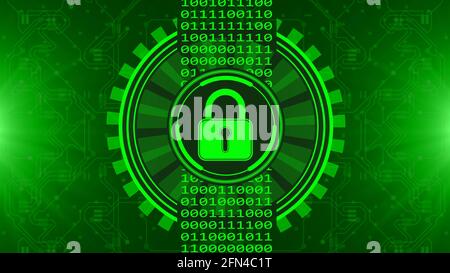 Secure technology concept - padlock binary code hud - graphic elements in green on blurred background as circuit board - 3D Illustration Stock Photo