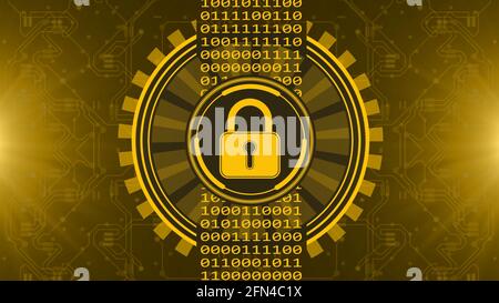 Secure technology concept - padlock binary code hud - graphic elements in orange on blurred background as circuit board - 3D Illustration Stock Photo