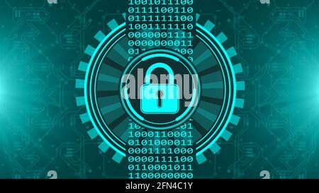 Secure technology concept - padlock binary code hud - graphic elements in turquoise on blurred background as circuit board - 3D Illustration Stock Photo