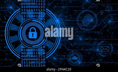 Secure technology concept - padlock binary code hud connecting lines fingerprint cloud mail - graphic elements in blue on dark background Stock Photo