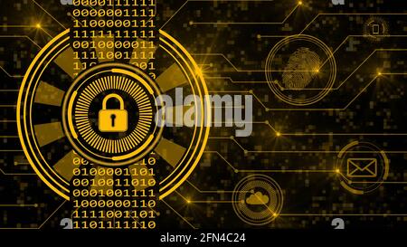 Secure technology concept - padlock binary code hud connecting lines fingerprint cloud mail - graphic elements in orange on dark background Stock Photo