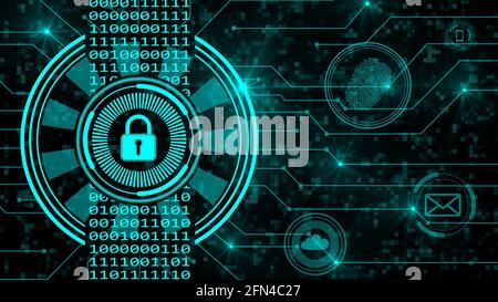 Secure technology concept - padlock binary code hud connecting lines fingerprint cloud mail - graphic elements in turquoise on dark background Stock Photo