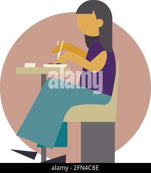 Young Woman Eating Delicious Asian Food, Cheerful Girl Sitting at Table Eating Sushi Cartoon Vector Illustration for Cafe or Restaurant Stock Vector