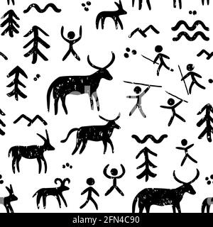 Cave paintings vector seamless pattern, black and white repetitive background inspired by prehistoric art with cavemen hunting animals Stock Vector