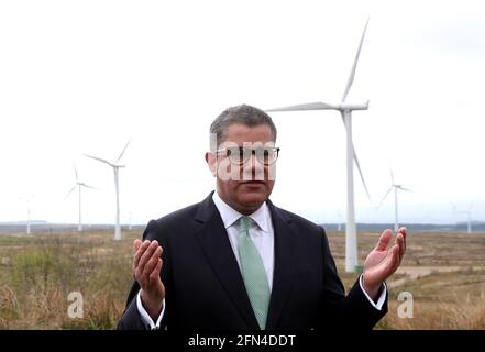 Cop26 President, Alok Sharma rehearses a speech at Whitelee Windfarm in Glasgow, ahead of the United Nations climate change summit. Picture date: Friday May 14, 2021. Stock Photo