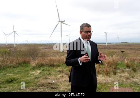 Cop26 President, Alok Sharma rehearses a speech at Whitelee Windfarm in Glasgow, ahead of the United Nations climate change summit. Picture date: Friday May 14, 2021. Stock Photo