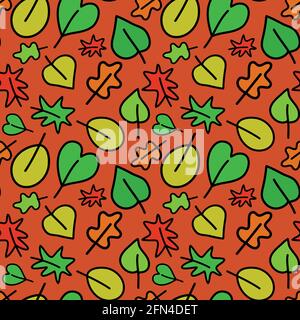 Autumn leaves on an orange background seamless pattern, green orange leaf. Simple flat style vector illustration design for wrapping paper, cover, web Stock Vector