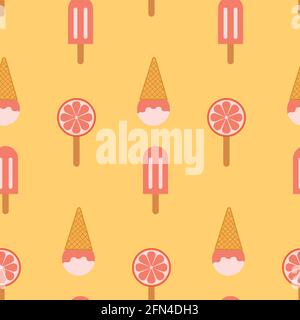 Ice cream seamless pattern. A ball of vanilla ice cream with syrup and orange ice citrus sorbet. Design for fabric, textile print, wrapping paper, cov Stock Vector