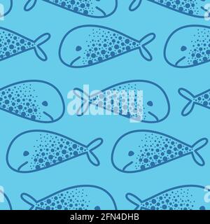 Blue fish whale with specks on a blue background, seamless pattern for textile print cover fabric, packaging design. Sea pattern childrens flat vector Stock Vector