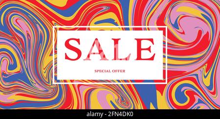 Sale banner bright background saturated spreading liquid stains of paint, abstract flyer for advertising booklet. Blue red yellow color trend sale ban Stock Vector