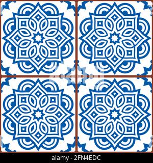 Moroccan mandala tile seamless vector pattern in blue on white background, gometric ornamental wallpaper, textile or fabric print decor Stock Vector
